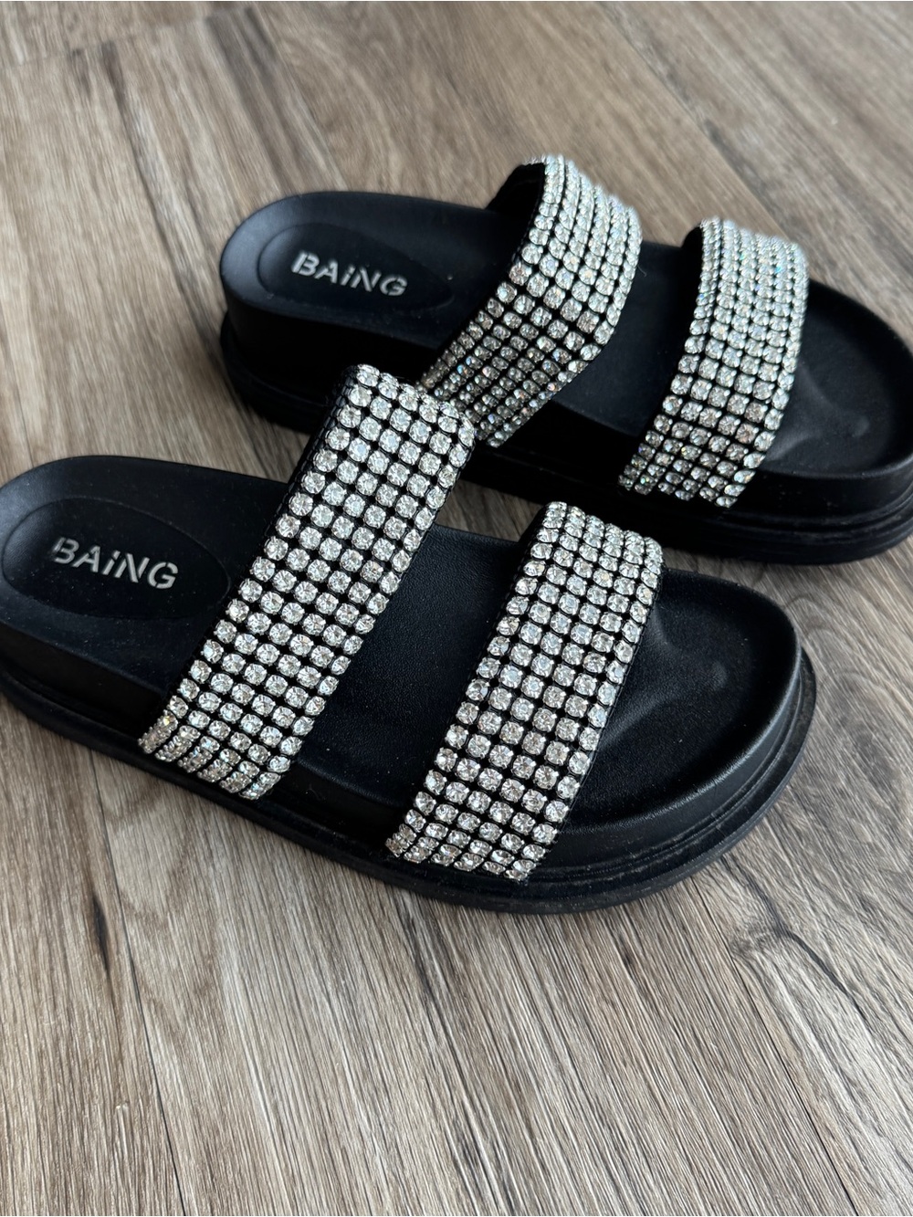 Black Flip Flops Rhinestone Platform Slides Sparkly Crystal Sandals Chunky